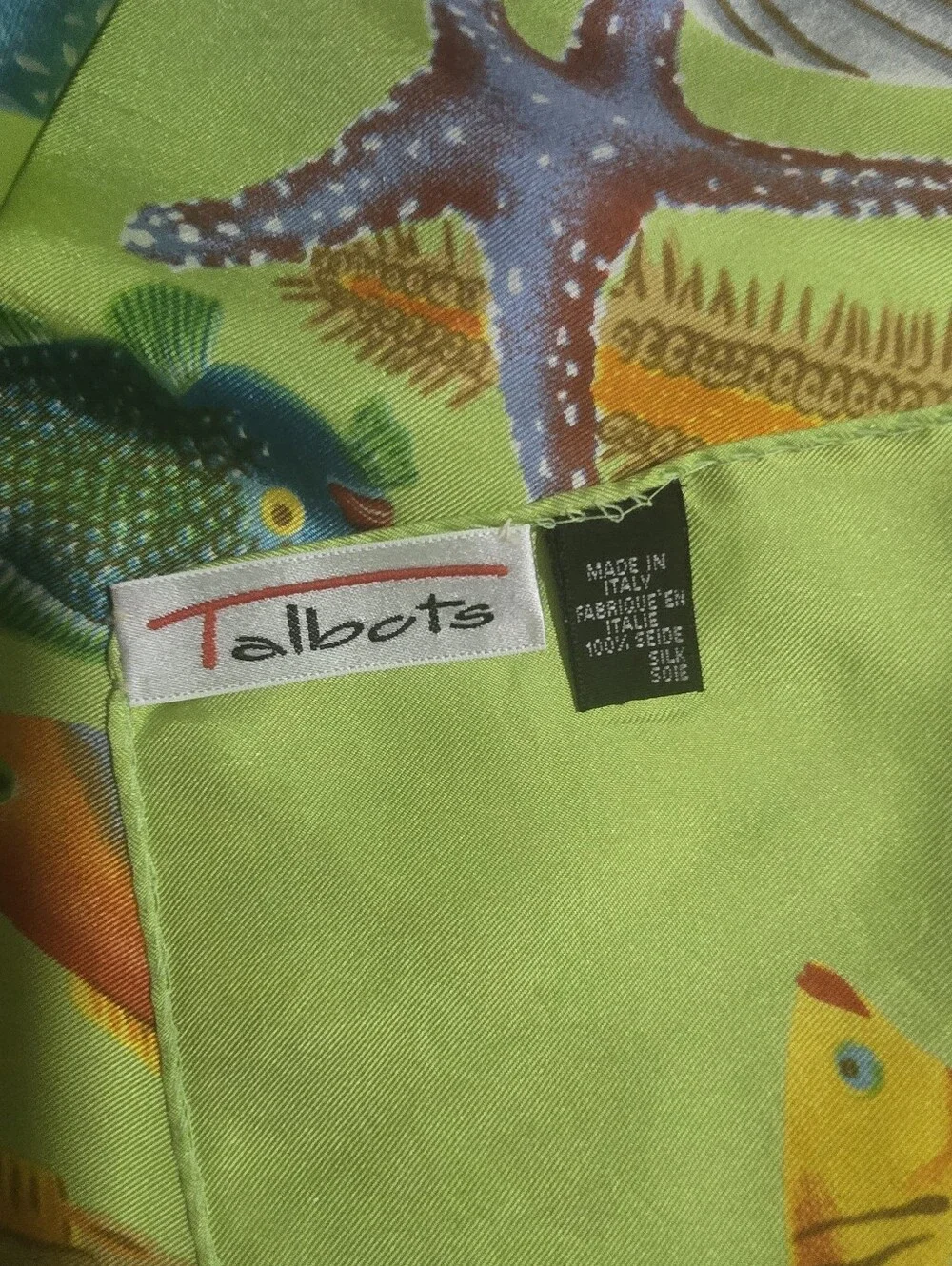 SOLD - Talbots Lime Green 100% Silk Scarf with Colorful Fish Motif 35x35